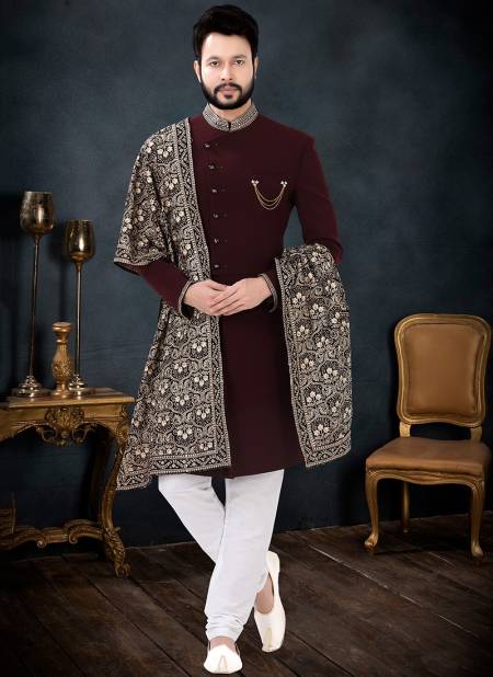Maroon And White Colour Party Wear Mens Wholesale Indo Western 1716