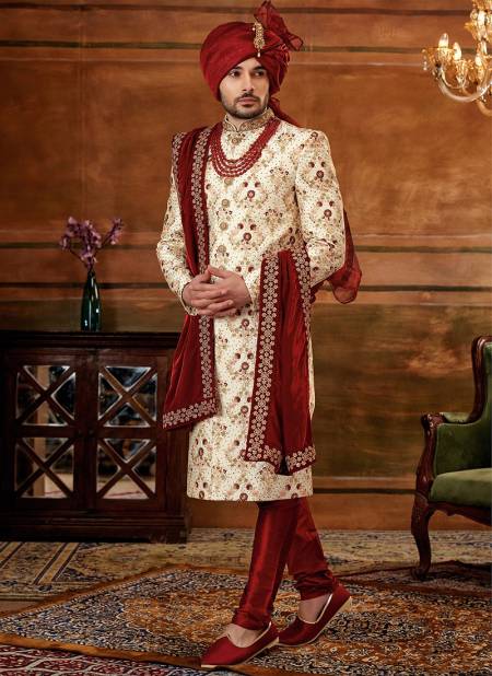 Maroon And White Colour Designer Exclusive Wear Wholesale Sherwani Catalog 1030