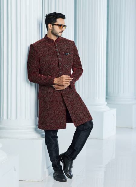 Maroon Black Colour Function wear Mens Jacket Set Indo Western Catalog 2669