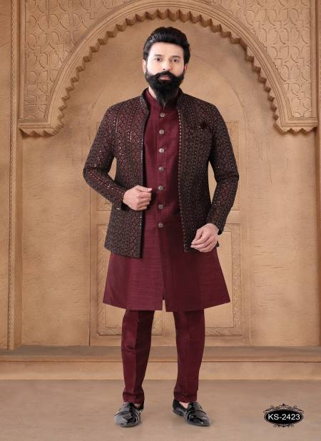 Maroon Colour 1632 Occasion Wear Mens Silk Designer Modi Jacket Kurta Pajama Orders In India 1632-KS 2423