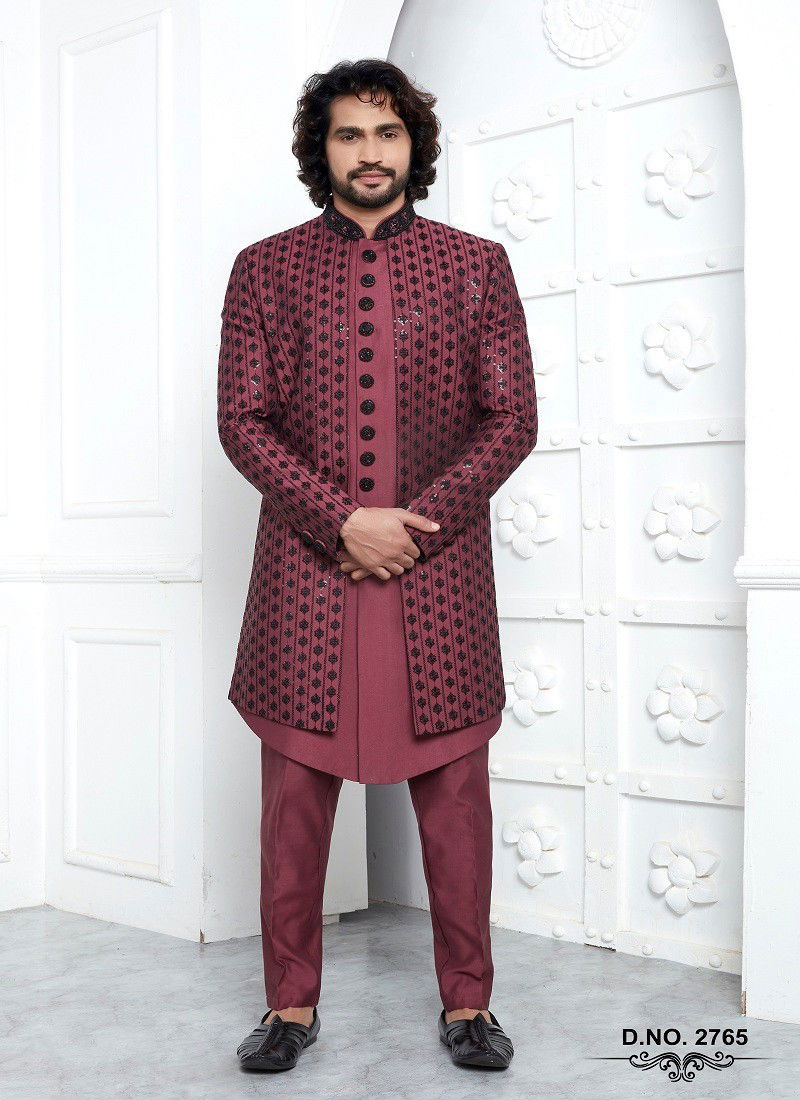 Maroon Colour 1641 Party Wear Indo Western Mens Jacket Set Exporters In India 2765