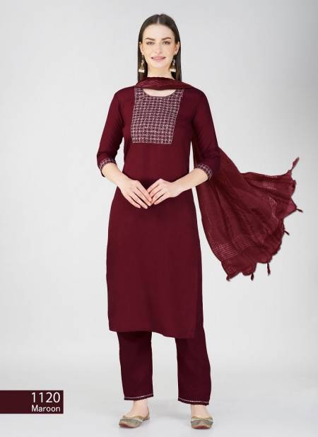 Maroon Colour Aaradhna 1120 Cotton Blend Embroidery Kurti With Bottom Dupatta Wholesale Online
