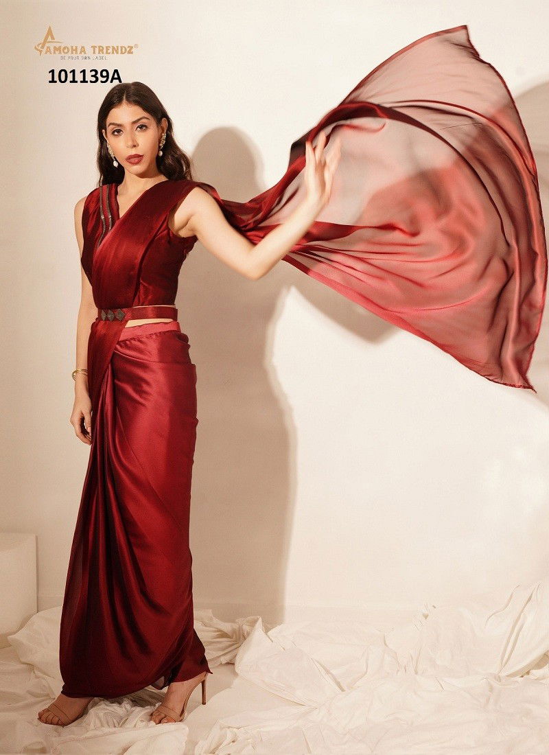 Maroon Colour Amoha 101139 Imported Party Wear Readymade Saree Exporters In India 101139A