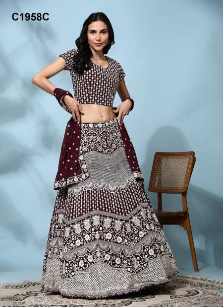 Maroon Colour Amoha C1958 A To C1958 C Wedding Georgette Embroidery Readymade Lehenga Choli Exporters In India C1958 C