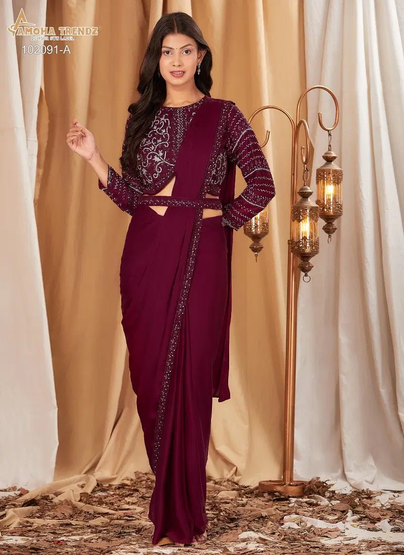 Maroon Colour Amoha Trendz 102091 Designer Party Wear Readymade Sarees Wholesale Price 102091 A