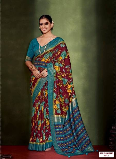 Maroon Colour Anusharam By Shubh Shree Velvet Tussar Silk Designer Saree Catalog 1012
