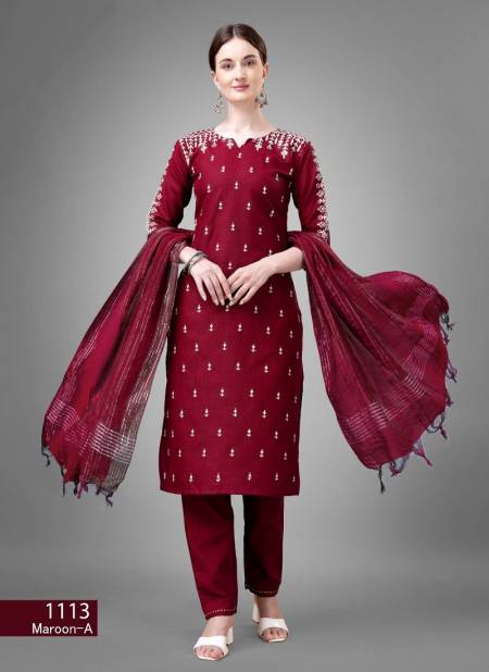 Maroon Colour Aradhna Cotton Blend With Embroidery Kurti Bottom With Dupatta Catalog 1113 C