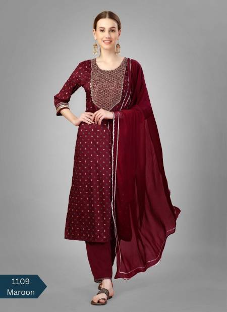 Maroon Colour Aradhna Silk Blend With Embroidery Kurti Bottom With Dupatta Catalog 1109 D