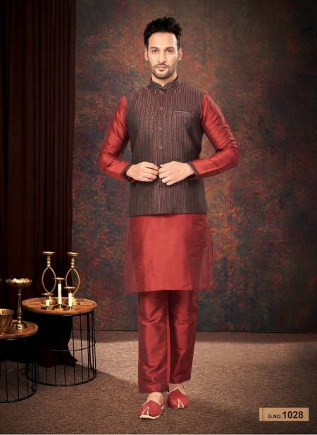 Maroon Colour GS Fashion Party Wear Jacquard Mens Modi Jacket Kurta Pajama Wholesale Shop In Surat 1028