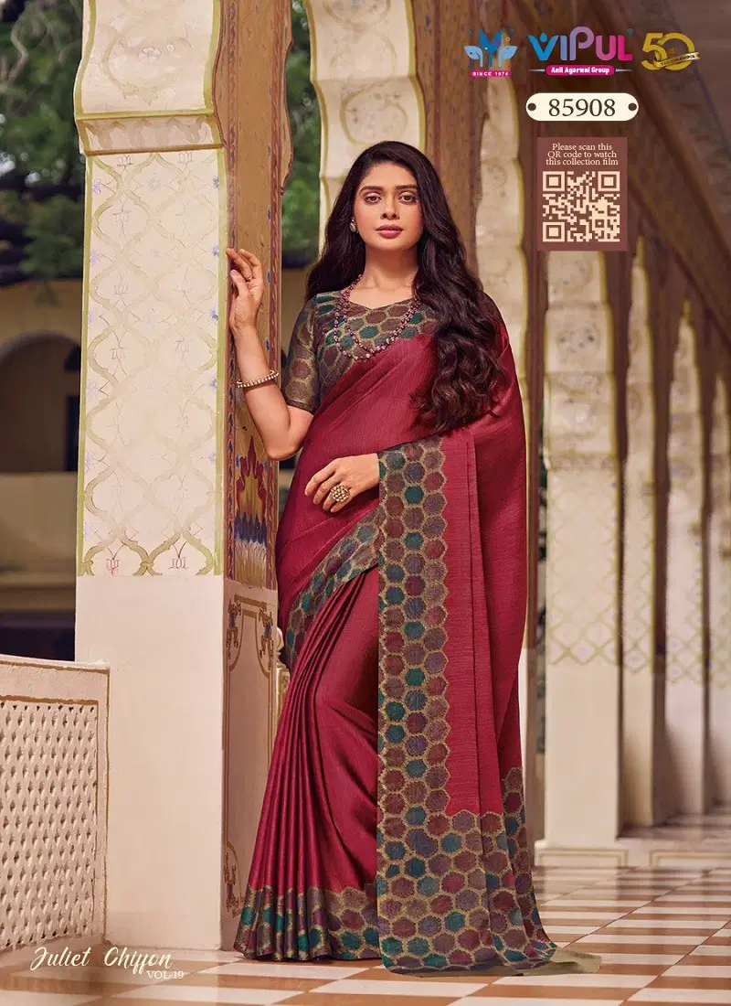 Maroon Colour Juliet Chiffon Vol 19 By Vipul Wholesale Saree Suppliers In Mumbai 85908