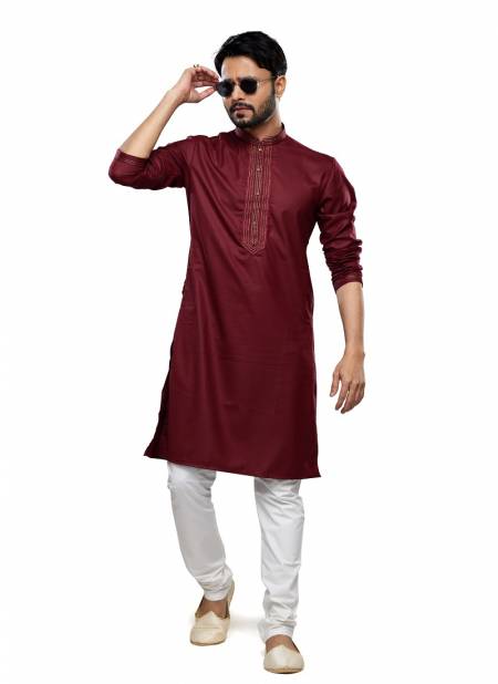 Maroon Colour Mens Wear Soft Plain Art Silk Kurta Pajama Wholesale Online 2547