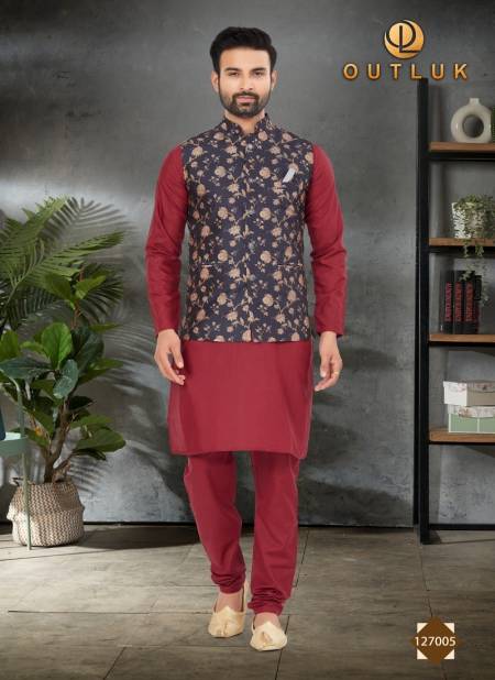 Maroon Colour Outlook Vol 127 Wedding Mens Modi Jacket Kurta Pajama Wholesale Market In Surat 127005