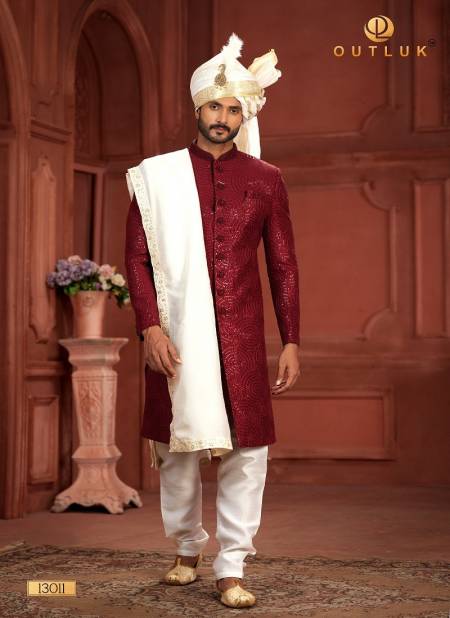 Maroon Colour Outluk Wedding Collection Vol 13 Heavy Silk Mens Wear Sherwani Manufacturers 13011