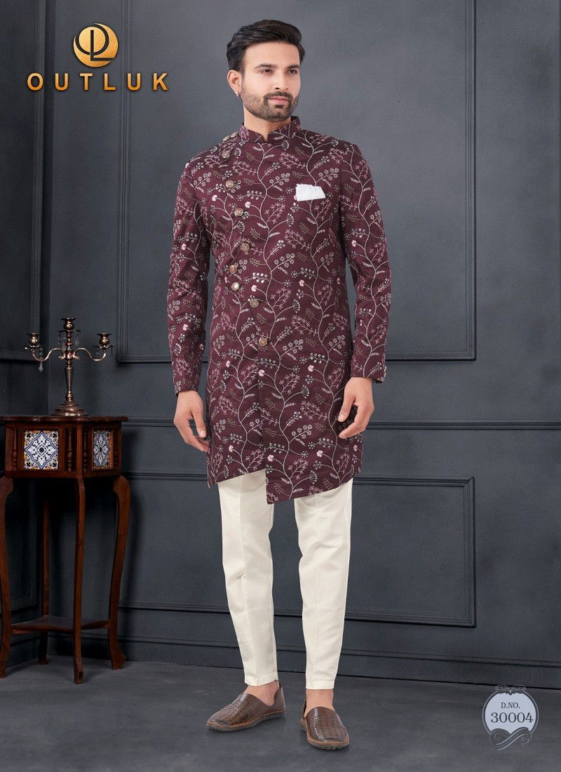 Maroon Colour Outluk Wedding Collection Vol 30 Silk Mens Wholesale Indo Western Manufacturers 30004