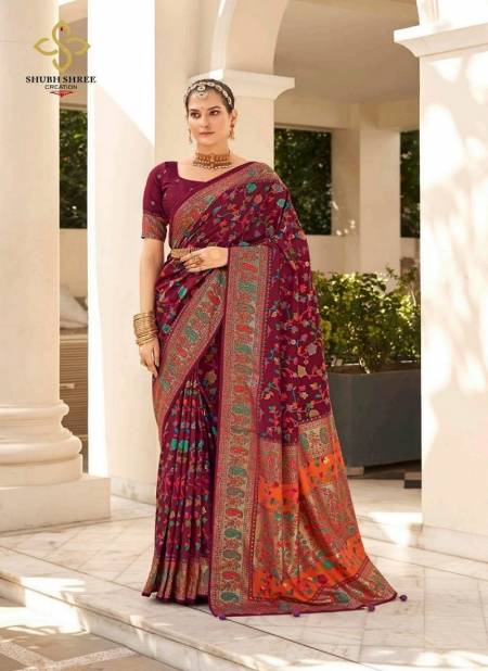 Maroon Colour Pashmina By Shubh Shree Velvet Tussar Silk Designer Saree Catalog 1006
