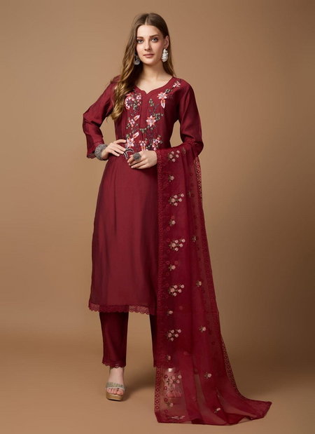 Maroon Colour Peri Peri By NSF Roman Silk Designer Kurti With Bottom Dupatta Manufacturers 71588 A