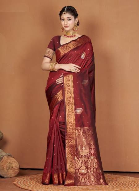 Maroon Colour Piya Basanti By Sangam Banarasi Silk Saree Catalog 10088