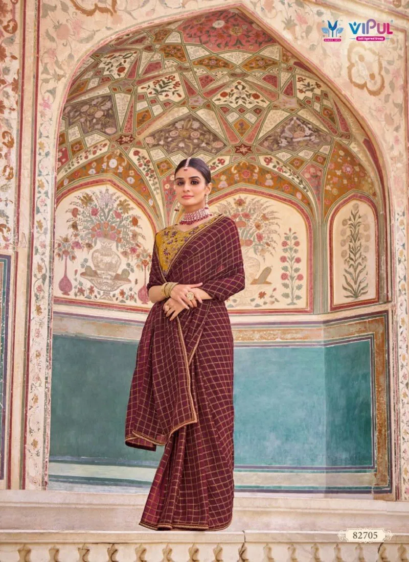 Maroon Colour Raj Rani Vol 2 By Vipul Weaving Chiffon Saree Surat Wholesale Market 82705