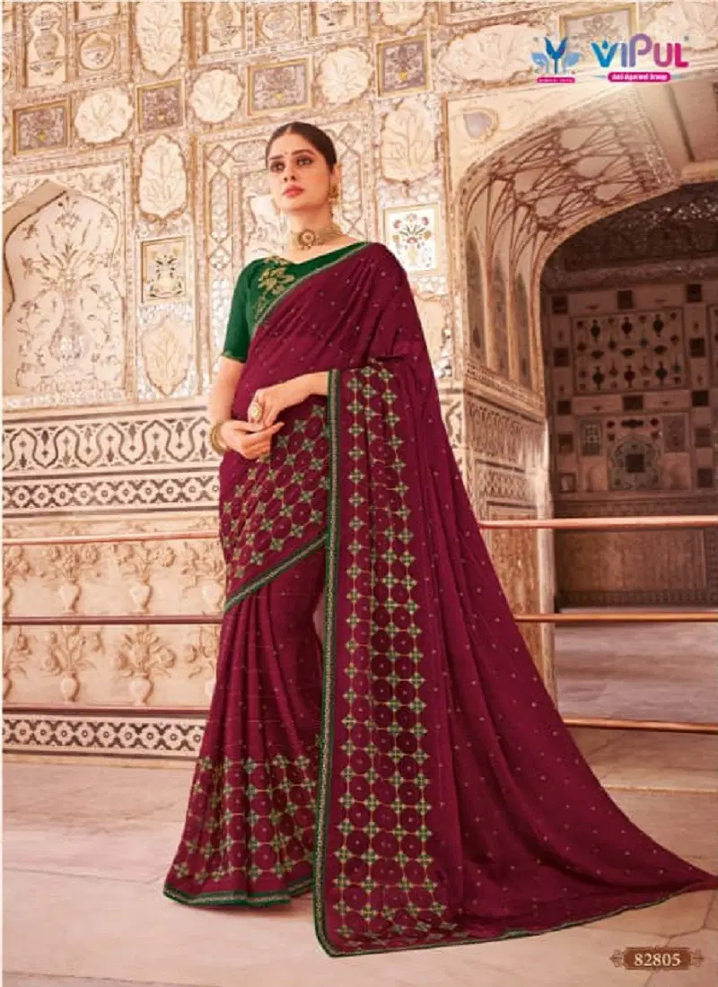 Maroon Colour Roshni Vol 2 By Vipul Chiffon Wholesale Sarees In India 82805