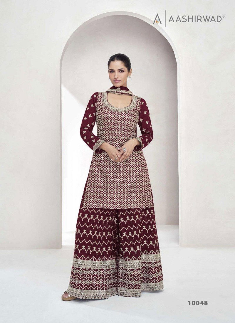 Maroon Colour Saachi By Aashirwad Designer Chinon Silk Readymade Suits Wholesalers In Delhi 10048