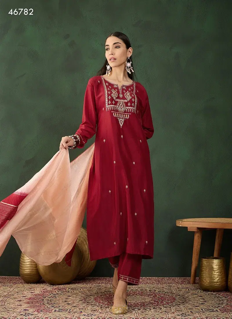 Maroon Colour Swapna By Mahotsav Embroidery Kurti With Bottom Dupatta Suppliers In India 46782