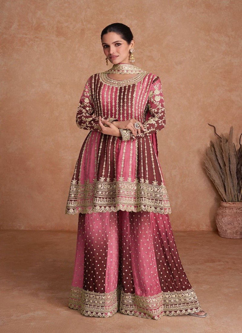 Maroon Colour Vaani Vol 2 By Gulkayra Real Chinon Sharara Readymade Suits Exporters In India 7407-G