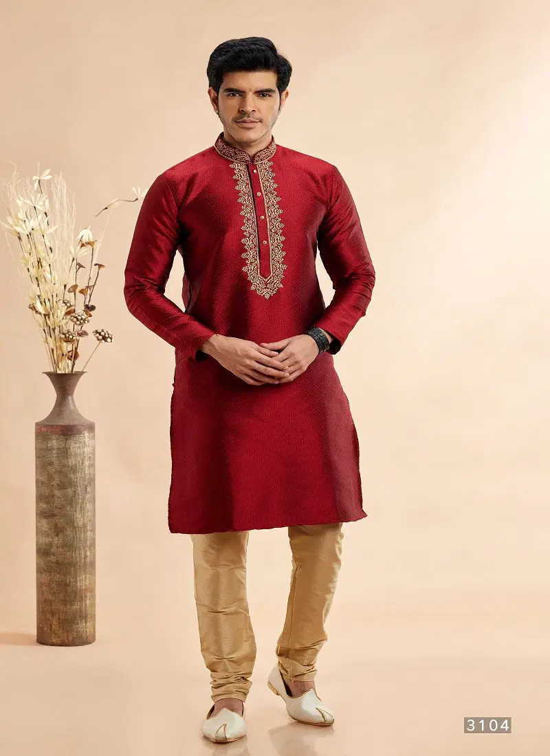 Maroon Colour Vol 94 Function Wear Jaquard Art Silk Mens Kurta Pajama Orders In India 3104