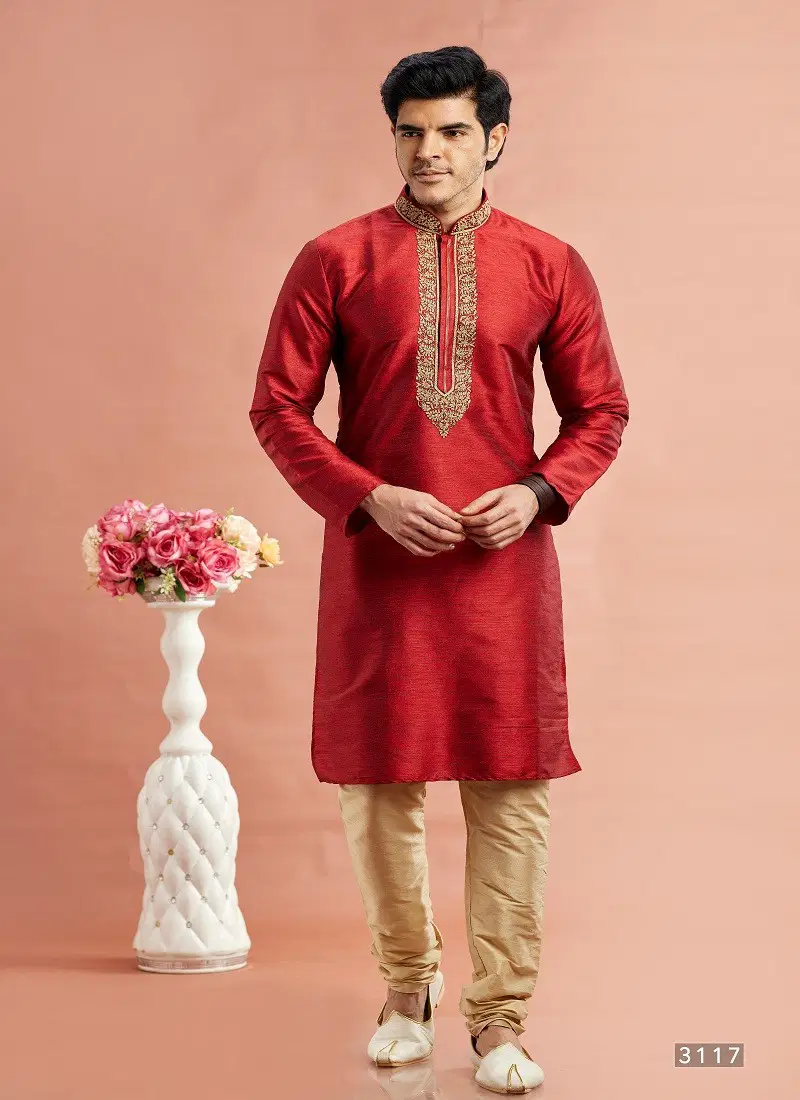 Maroon Colour Vol 95 Wedding Wear Banarasi Art Silk Mens Kurta Pajama Surat Wholesale Market 3117