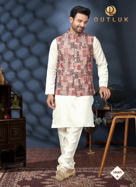 Maroon Multi And Off White Colour Outluk Wedding Lucknowi Vol 10 Mens Wear Modi Jacket Kurta Pajama Wholesale Online 10005