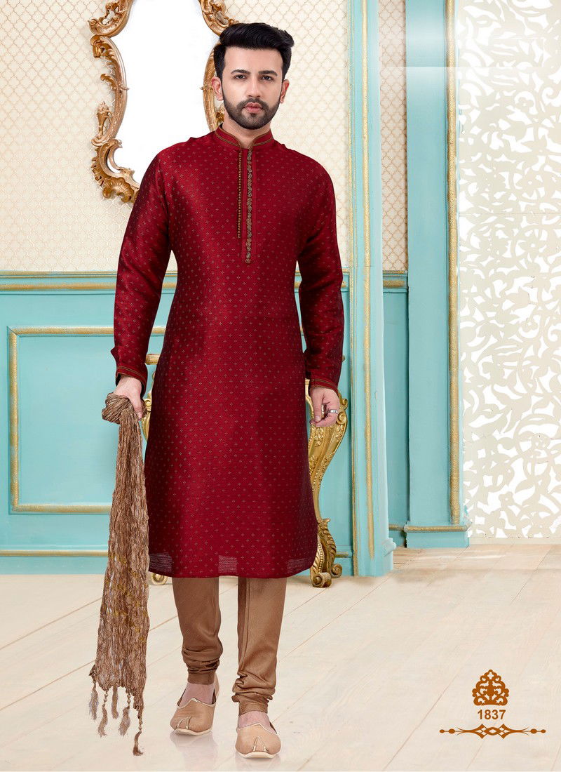 Maroon Santom Silk Readymade Party Wear Mens Kurta Payjama 1837