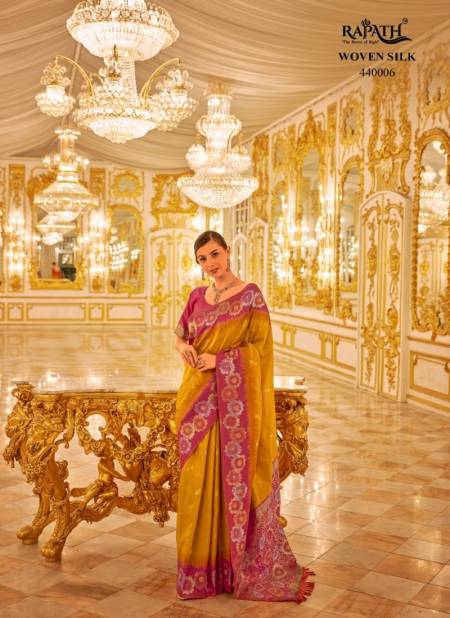 Mastard And Pink Colour Neytiri By Rajpath Occasion Wear Banarasi Silk Weaving Saree Suppliers in India 440006