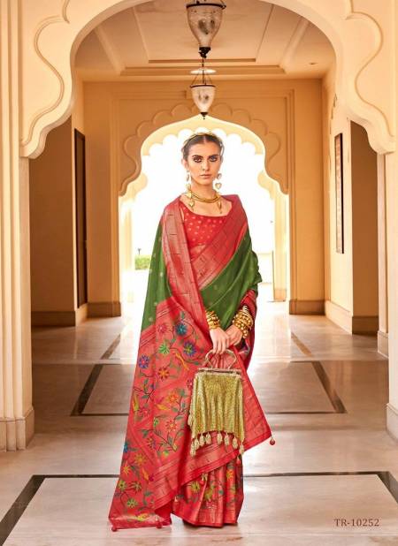 Mehendi And Red Colour Swastik By Trirath Function Wear Designer Paithini Super P V Silk Saree Manufacturers 10252