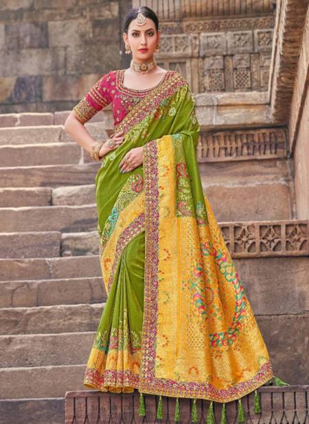 Mehendi And Yellow Colour Airavat Silk Wholesale Designer Wedding Wear Saree Catalog 2003