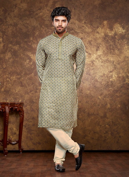 Mehendi Colour 1633 Occasion Mens Wear Poly Cotton Printed Kurta Pajama Surat Wholesale Market 1633-9