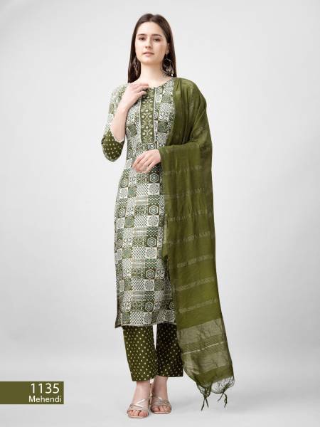 Mehendi Colour Aaradhna 1135 Rayon Printed Embroidery Kurti With Bottom Dupatta Wholesale Market
