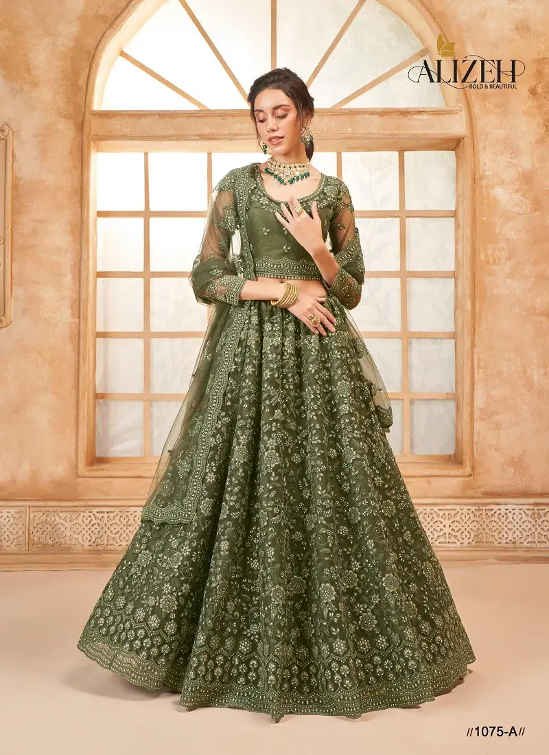 Mehendi Colour Bridal Heritage Color Saga Vol 3 By Alizeh Party Wear Net Lehenga Choli Wholesale Online 1075-A