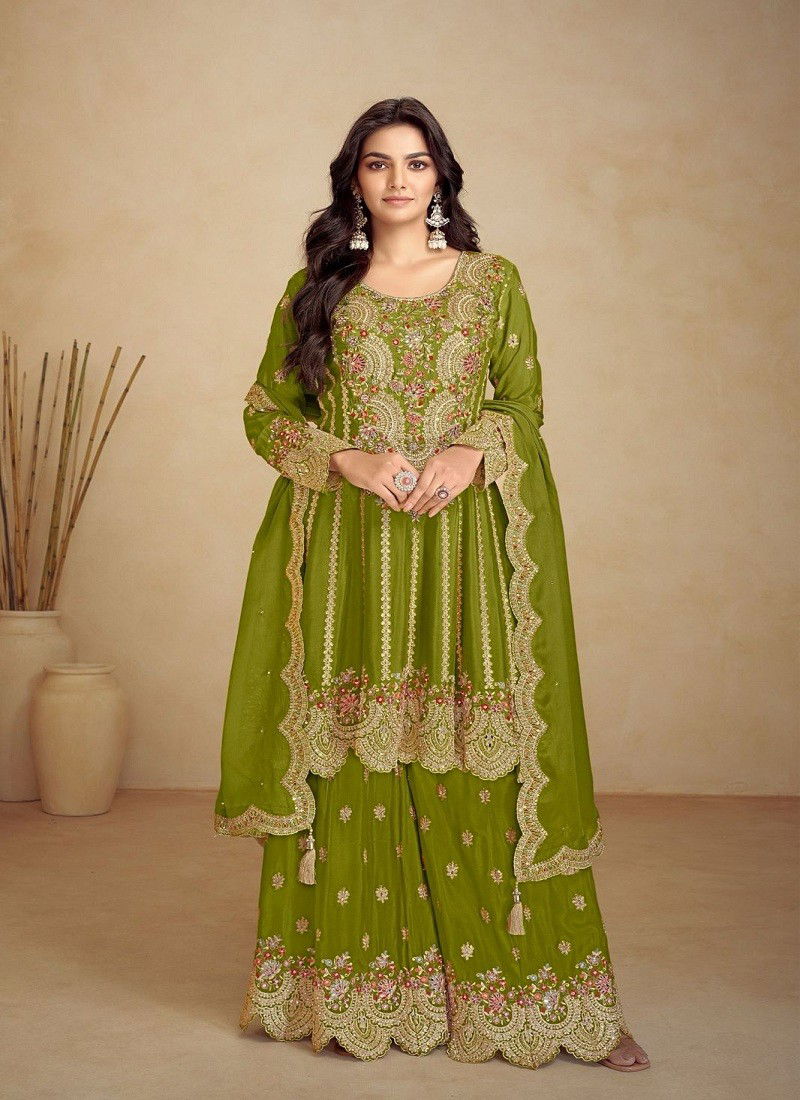 Mehendi Colour Jalwa By Gulkayra Chinon Readymade Suits Orders In India 7502-D