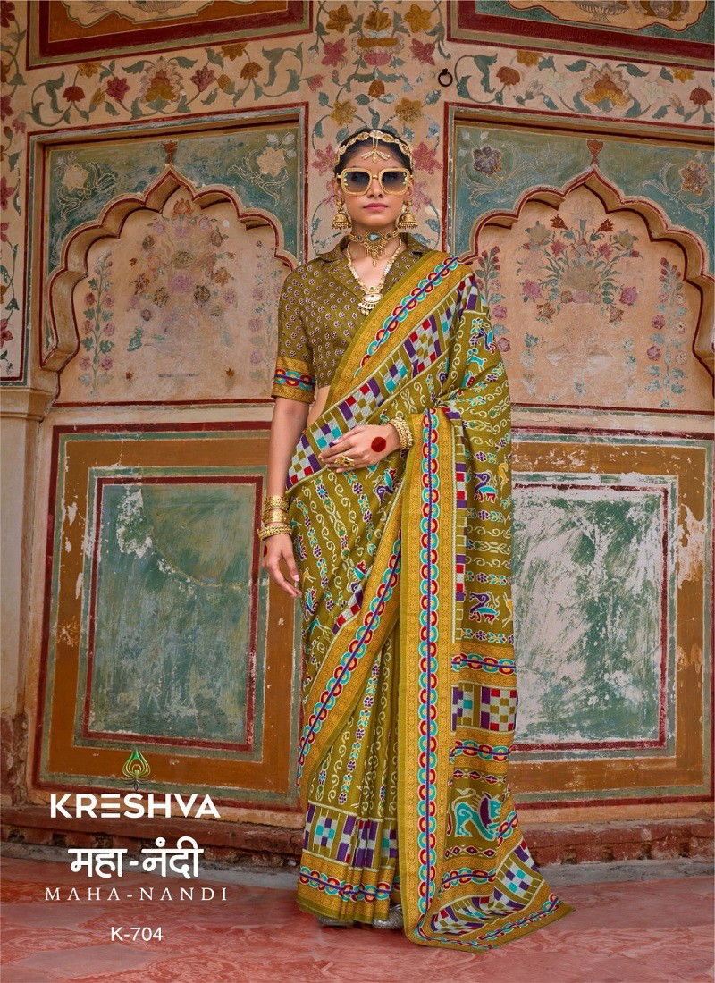 Mehendi Colour Maha Nandi By Kreshva Silk Printed Saree Wholesale In India K-704