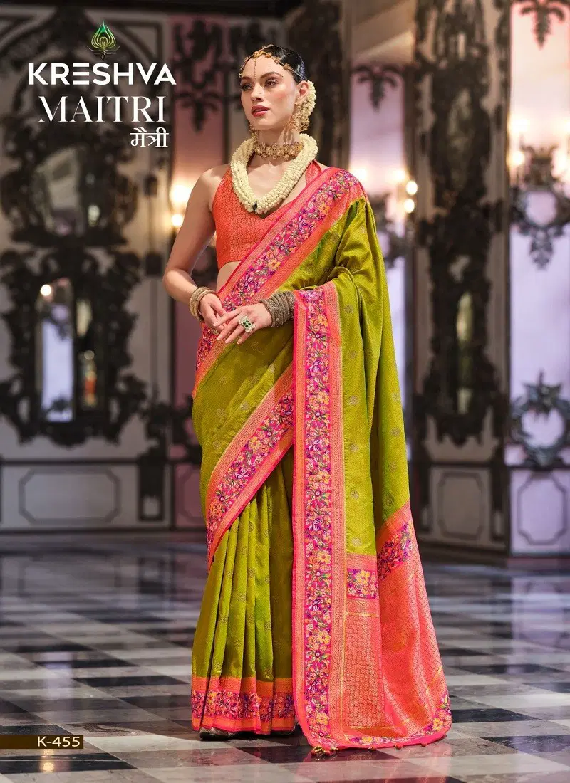 Mehendi Colour Maitri By Kreshva Banarasi Silk Saree Wholesale Shop In Surat K-455