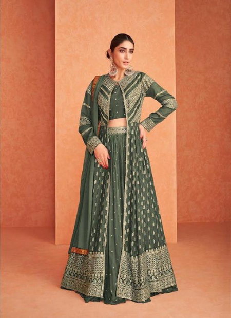 Mehendi Colour Naksh Colour Plus By Flossy Georgette Indo Western Lehenga Choli Catalog 1-A