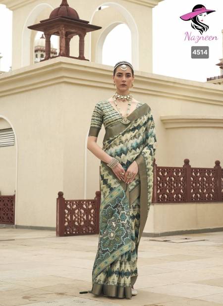 Mehendi Colour Nirvi By Nazneen Silk Digital Printed Designer Saree Catalog 4514