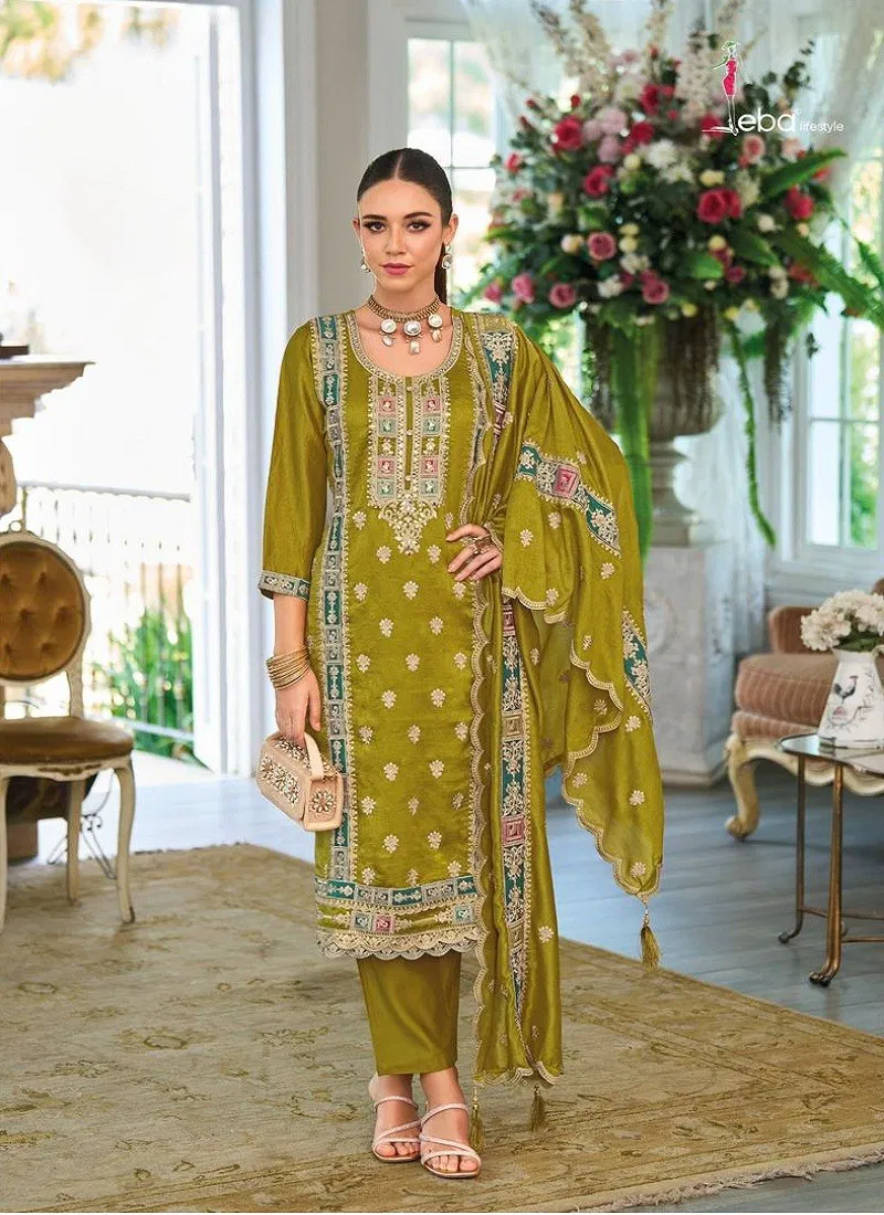 Mehendi Colour Noura By Eba Premium Silk Embroidery Readymade Plazzo Suits Exporters In India 1695