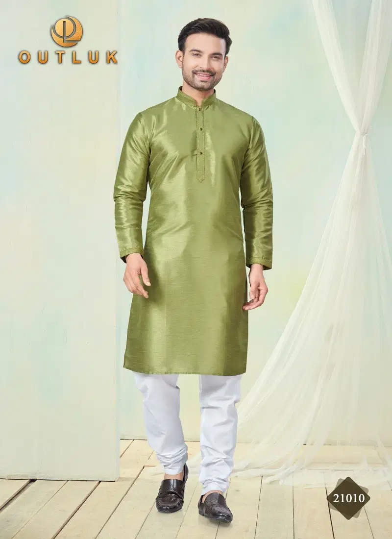 Mehendi Colour Outluk Wedding Collection Vol 21 Pure Silk Mens Wholesale Kurta Pajama Manufacturers 21010