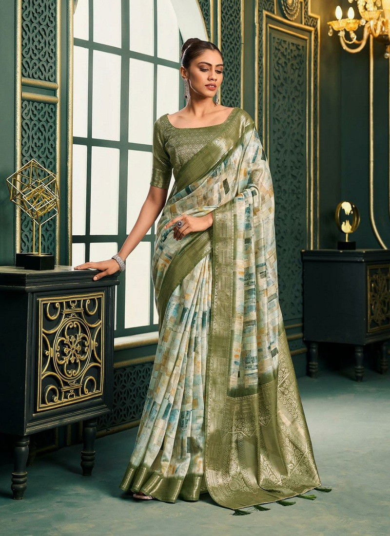 Mehendi Colour Pranalika Silk By Rajpath Foil Printed Modal Cotton Designer Saree Orders in India 183006