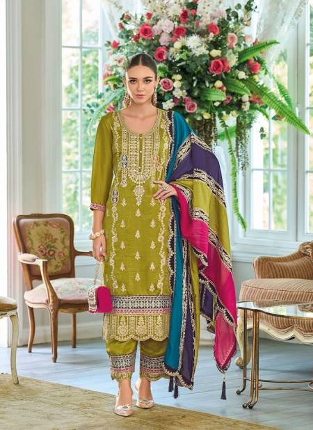 Mehendi Colour Rayana By Eba Chinon Embroidery Salwar Kameez Wholesale Price In Surat 1697