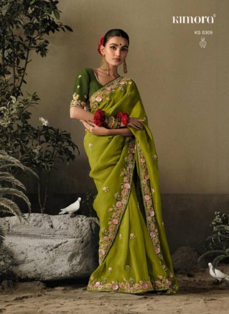 Mehendi Colour Saawariya By Kimora Fancy Fabric Wedding Wear Saree Catalog 5309