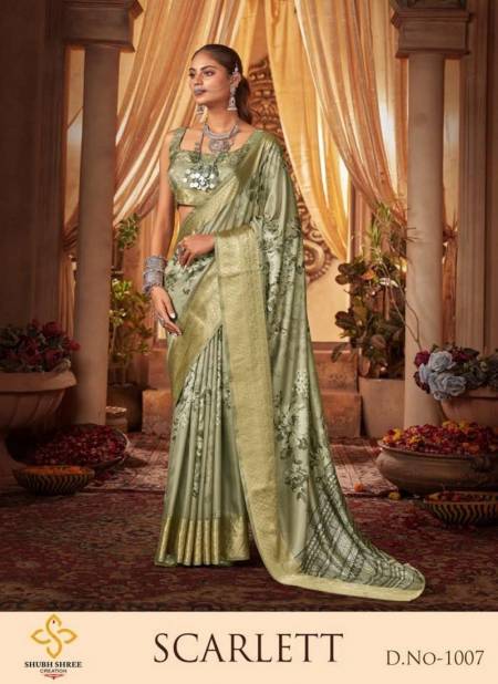Mehendi Colour Scarlett By Shubh Shree Tussar Silk Designer Saree Catalog 1007