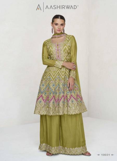 Mehendi Colour Vaani By Aashirwad Designer Chinon Silk Readymade Suits Exporters In India 10031