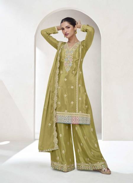 Mehendi Colour Vaanya By Aashirwad Designer Chinon Silk Readymade Suits Orders In India 10036