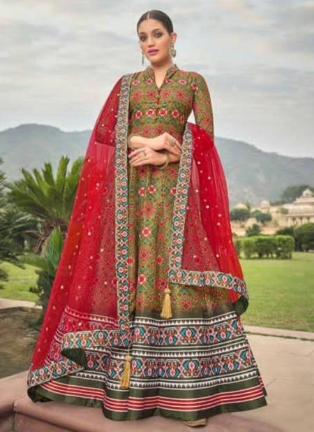 Mehendi Colour Virasat Patola Party Wear Wholesale Gown Catalog 9002